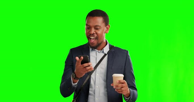 Winner, businessman with smartphone and against a green screen happy with coffee. Announcement or success, social media or online communication and black man celebrating for good news in a chroma key