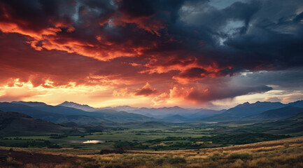 Plakat Dramatic sky over mountains at dusk in Kazakhstan
