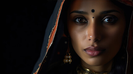 Portrait of a traditionally dressed woman of Indian origin wearing a saree or salwar kameez, on black background