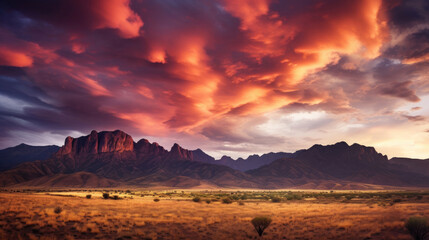 Fototapeta na wymiar Dramatic sky over mountains at dusk in Kazakhstan