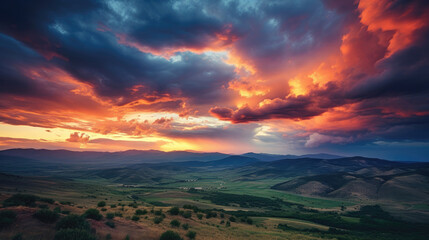 Obraz na płótnie Canvas Dramatic sky over mountains at dusk in Kazakhstan