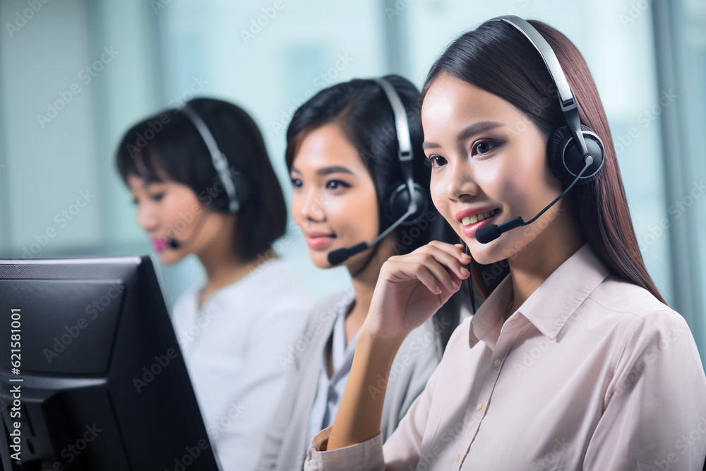 Poster asian customer support or call center operators with headset working in office. generative ai