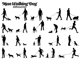 Set of vector silhouettes of men and dogs walking.