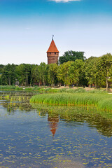 Fototapeta premium The tower of Malbork Castle on the riverbank in Malbork, Poland