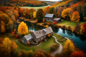 A serene countryside scene during the autumn season, with colorful foliage, a rustic farmhouse, and...