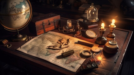 Fototapeta na wymiar Vintage map, compass, magnifier - adventure and treasure. Generative Ai