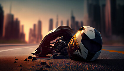 Motorcycle crash road accident with broken motorbike and helmet. City background. Banner with copy space Ai generated image