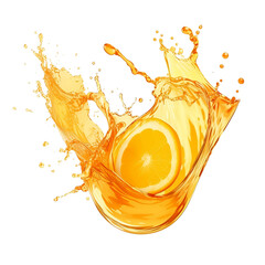 Orange juice splash isolated on transparent background, fruit juice crown splash and wave swirl with drops, Shiny yellow liquid splashing fluids  droplets, fresh drink, clear beverage, generative ai