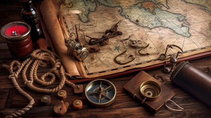 Fototapeta na wymiar Pirate ship, treasure map, treasure chest full of gold and a compass . Generative Ai