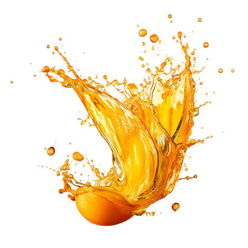 Orange juice splash isolated on transparent background, fruit juice crown splash wave swirl drops, Shiny yellow liquid splashing fluids with droplets, fresh drink, clear beverage bubbles,generative ai