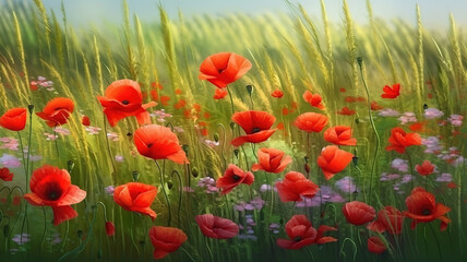 Fototapeta premium Red poppy flowers against the blue sky. Generative Ai