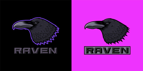 Black raven logo, sport raven mascot, vector illustration. Cartoon raven head, crow vector sign, sticker and silhouette. Crow logotype and esports emblem for graphic design and animation