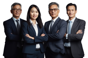 A group of business people stand confidently against a stark white transparent backdrop.  Generative AI