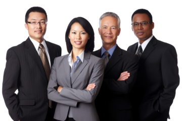 A group of business people stand confidently against a stark white transparent backdrop.  Generative AI