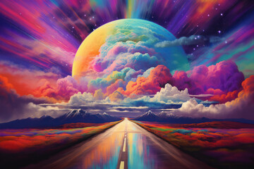 Road to nowhere under a giant moon and cloudy space sky. Multicolor and vibrant, surreal style.