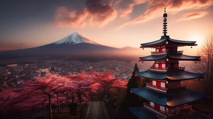 Fototapeta premium Chureito red pagoda with Japan Beautiful view of mountain Fuji background. Generative Ai