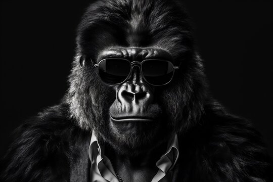 Portrait of cool powerful gorilla with sunglasses on black background. Wild stylish gangster ape from jungle. Generative AI