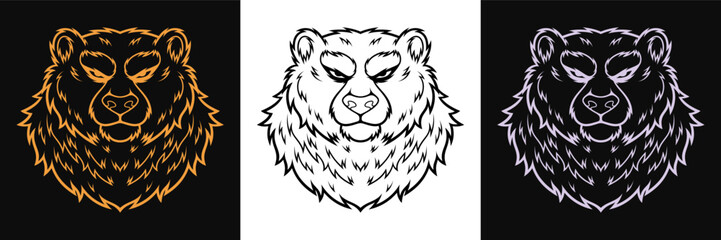 Outline bear logo set in golden, black and silver colors. Vintage bear mascot, vector illustration. Bear head silhouette, beast vector sign. Grizzly logotype, emblem for print and apparel design