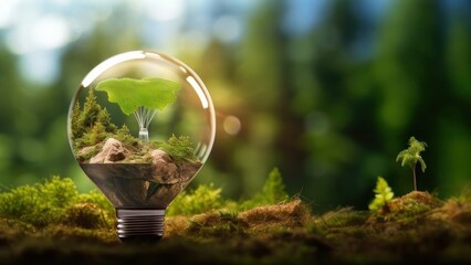 Light bulb full of green leaves and tree on green natural background with copy space