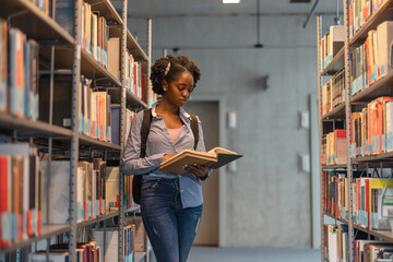 Portrait of black female student standing in a library
