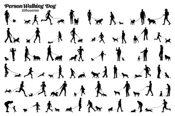 Fototapeta na wymiar Set of vector silhouettes of people and dogs walking and jogging