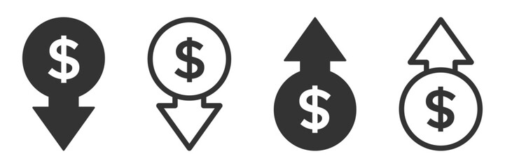 Dollar increase and dollar decrease vector signs set
