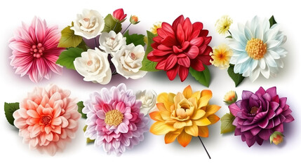Set of different beautiful flowers on white background. Generative Ai