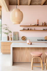 This pastel hued bali inspired kitchen evokes a wild bohemian vibe with its intricate interior design and shelves that make it a dreamy paradise for all your culinary adventures