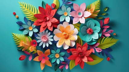 Fototapeta na wymiar top view of colorful paper cut flowers with green leaves. Generative Ai