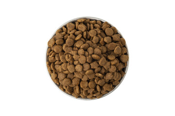 Dry pet food in a metal bowl isolated on white background with clipping path
