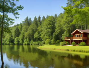 Fototapeta premium Beautiful wooden house near the river, generative ai. Beautiful natural landscape