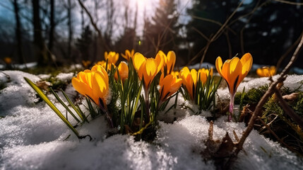 Flowers grow under snow on a spring sunny day. Generative Ai