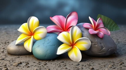 Obraz na płótnie Canvas spa stones with frangipani, Bright color. Generative Ai