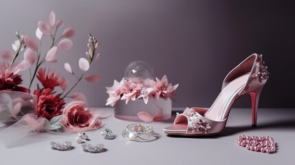Wedding shoes and accessories on white background. Generative Ai