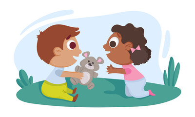 Obraz na płótnie Canvas The children play with the bear together in the meadow. The boy gives the bear toy to the girl. Template for advertising brochure or web site. Funny cartoon character. Flat design for kindergarten