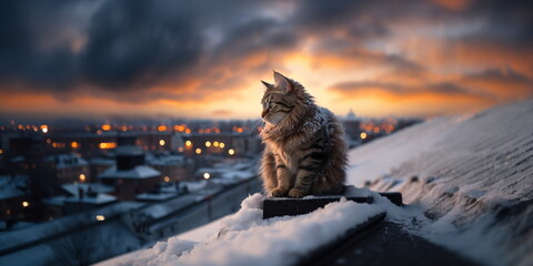 adorable fluffy cat sit on roof overview on old town Tallinn on evening sunset 