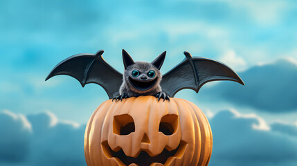 Naklejka premium Halloween concept made of orange pumpkin and bat on sky blue background. Generative AI