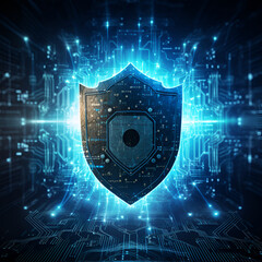 A dark blue shield against a neon blue virtual cyberspace background in internet technology world.