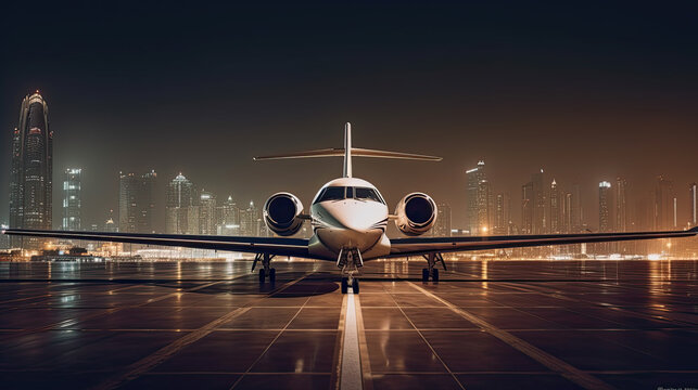 Scenic front view modern luxury expensive private jet plane parked airport taxiway hangar warm colorful dramatic evening warm sunset sun light sky background.