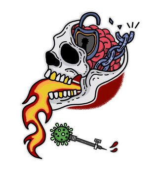 Virus Infection Old School Tattoo Skull Covid Vaccine Illustration, Epidemic Coronavirus Lockdown Traditional Tattoo drawing