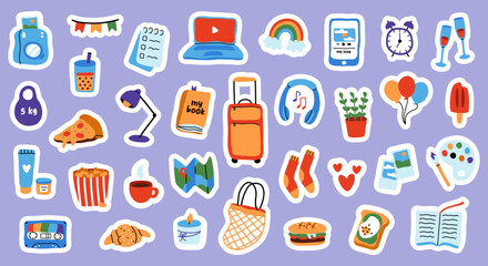 Sticker collection for weekly planner. Cute hand drawn pictures for diary decorating. Flat vector illustration.