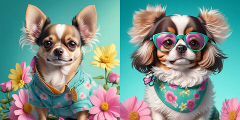 
Set of cute dogs in clothes, hat and glasses. Background with flowers.Super realistic dog. Printing on a T-shirt, jacket, sweatshirt. Prints for clothes. Wallpaper, screensaver. Banner. AI