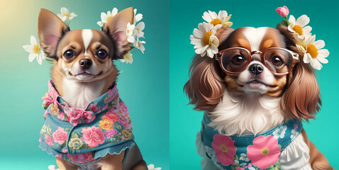 
Set of cute dogs in clothes, hat and glasses. Background with flowers.Super realistic dog. Printing on a T-shirt, jacket, sweatshirt. Prints for clothes. Wallpaper, screensaver. Banner. AI