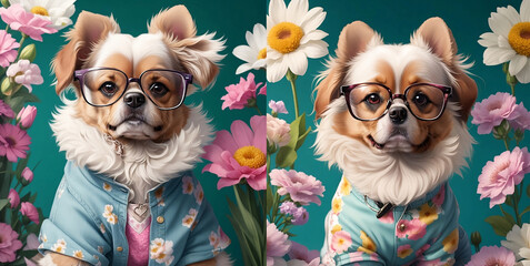 
Set of cute dogs in clothes, hat and glasses. Background with flowers.Super realistic dog. Printing on a T-shirt, jacket, sweatshirt. Prints for clothes. Wallpaper, screensaver. Banner. AI