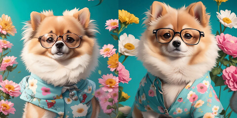 
Set of cute dogs in clothes, hat and glasses. Background with flowers.Super realistic dog. Printing on a T-shirt, jacket, sweatshirt. Prints for clothes. Wallpaper, screensaver. Banner. AI