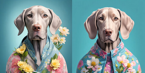 
Set of cute dogs in clothes, hat and glasses. Background with flowers.Super realistic dog. Printing on a T-shirt, jacket, sweatshirt. Prints for clothes. Wallpaper, screensaver. Banner. AI