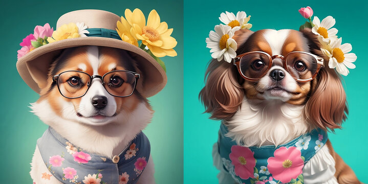 
Set Of Cute Dogs In Clothes, Hat And Glasses. Background With Flowers.Super Realistic Dog. Printing On A T-shirt, Jacket, Sweatshirt. Prints For Clothes. Wallpaper, Screensaver. Banner. AI