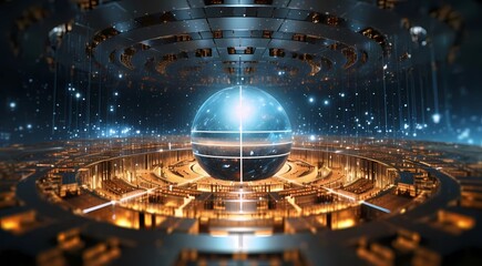 3d rendering of abstract technology concept with globe and glowing lights, Generation AI illustrations.