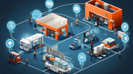 Fototapeta premium Isometric warehouse and distribution center with people and icons on blue background, Generation AI illustrations.