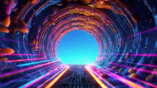 Warmhole Spaceship 3d animation colorful field teleport trippy experience. Generative ai
